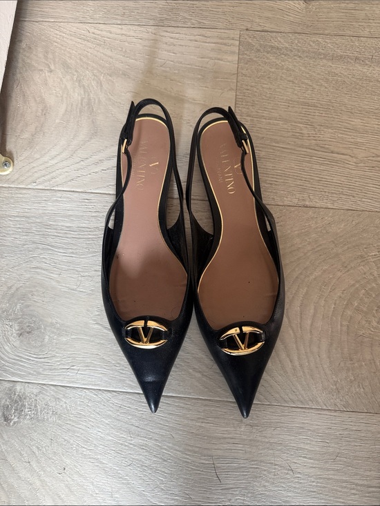 Valentino Garavani Shoes - Valentino Garavani Black Leather Pointed Slingback Flats with Gold Logo Accent